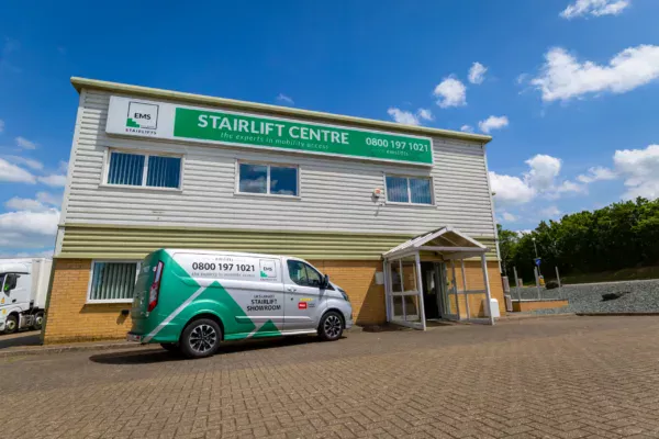 EMS Lifts van outside the Baldock showroom